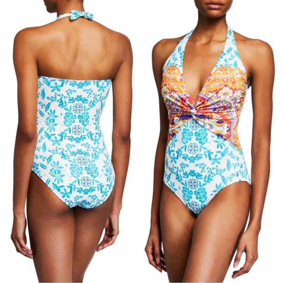 Johnny Was Floral Ellyo Twist Front One-Piece Swimsuit Teal Orange XS